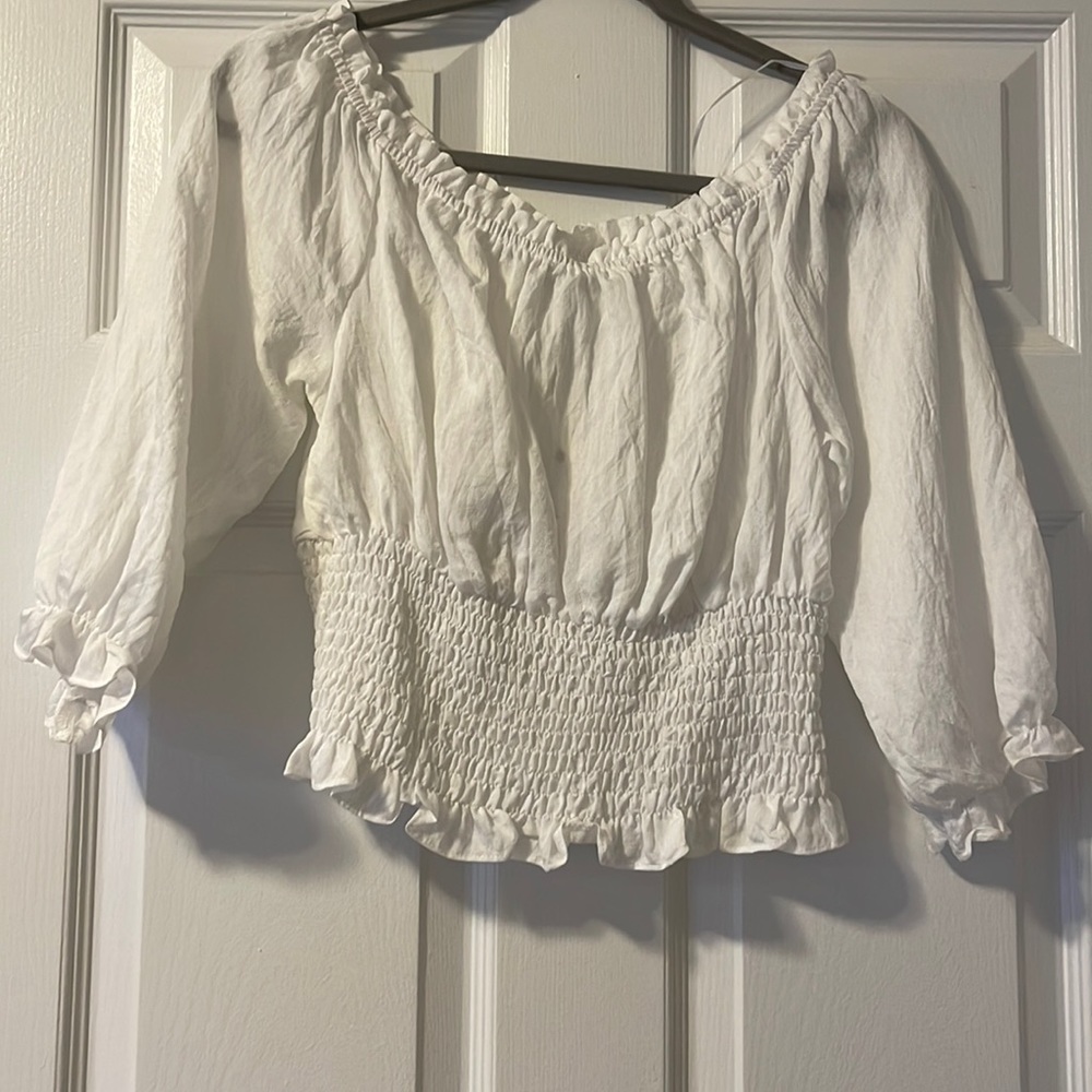 Off the shoulder smocked waist top- white